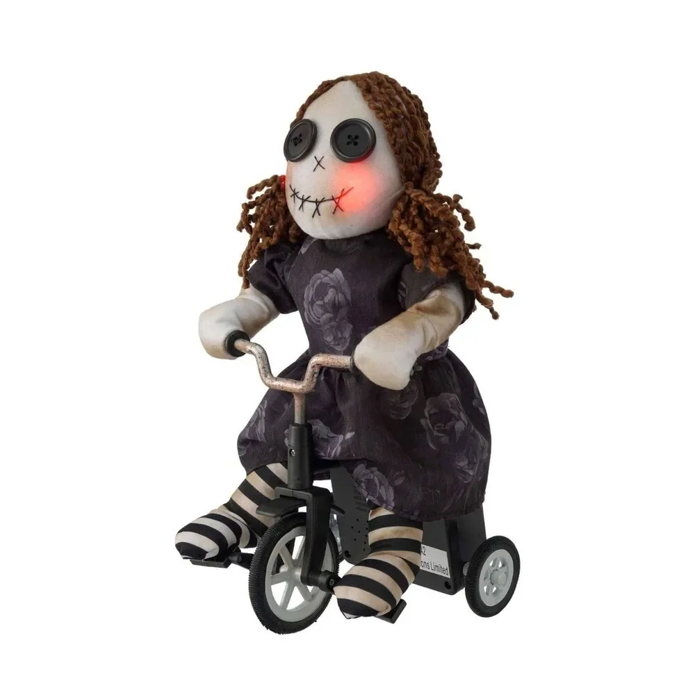 Animated Rag Doll on Tricycle Halloween 11” Red Cheeks Spooky By Ashland New